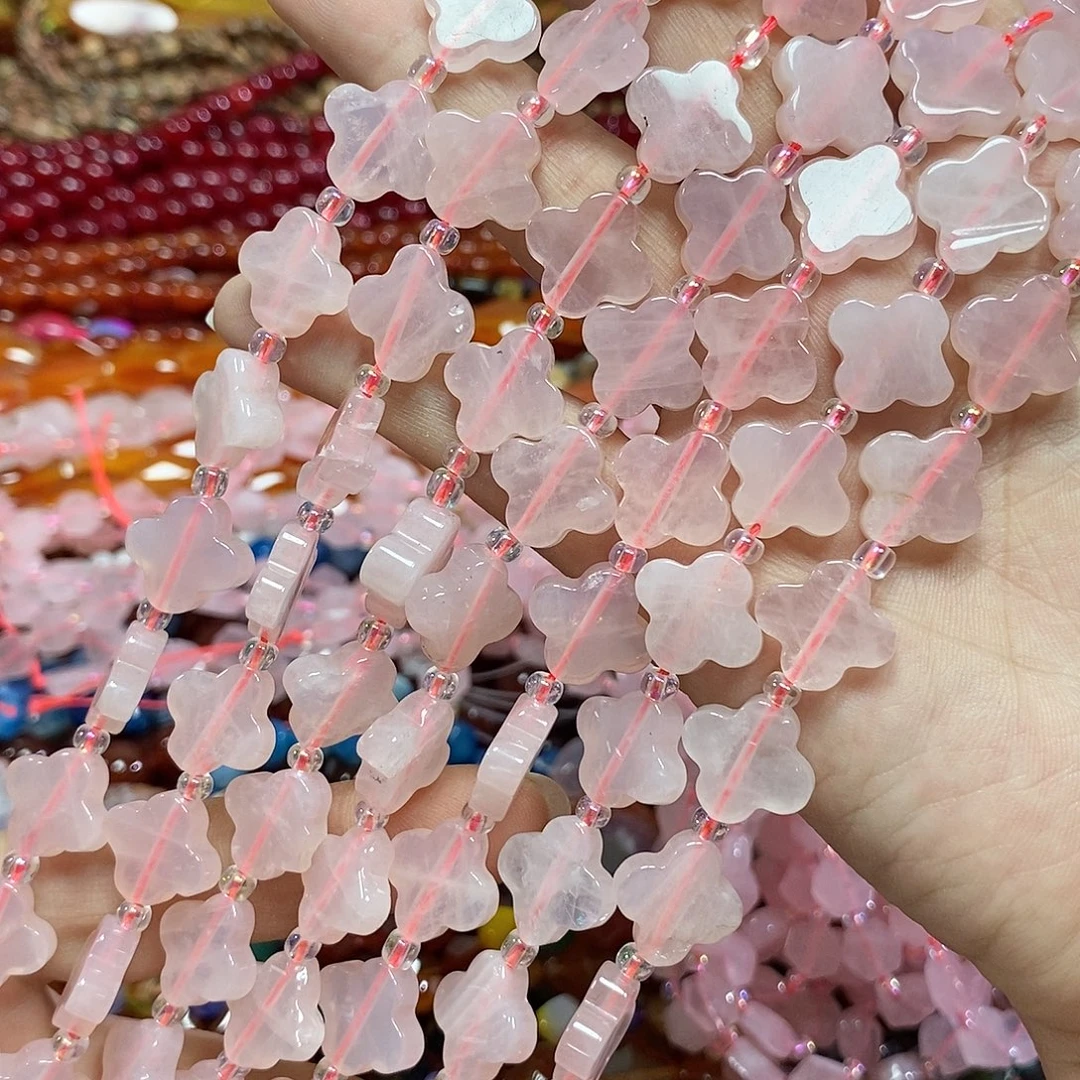 玛瑙/玉髓未镶嵌珠宝半成品粉晶四叶花一条卡15mm