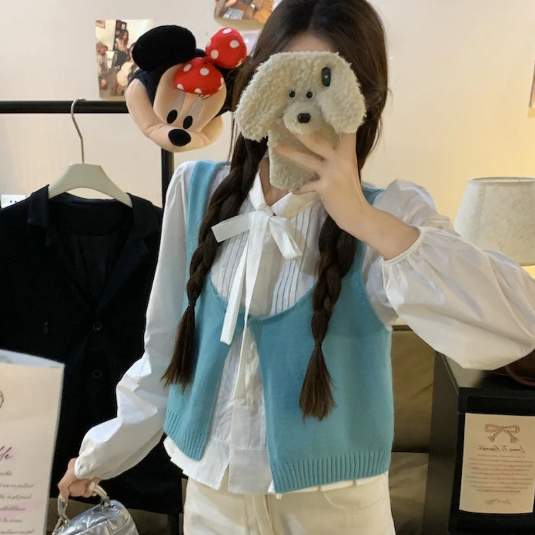 秋冬款公主韩版系带长袖衬衫叠穿简约针织马甲背心日系甜美两件套