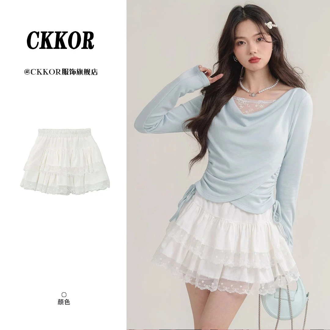 CKKOR芭蕾风蕾丝花边夏季新款A字防走光短裙设计感时尚百搭蛋糕裙