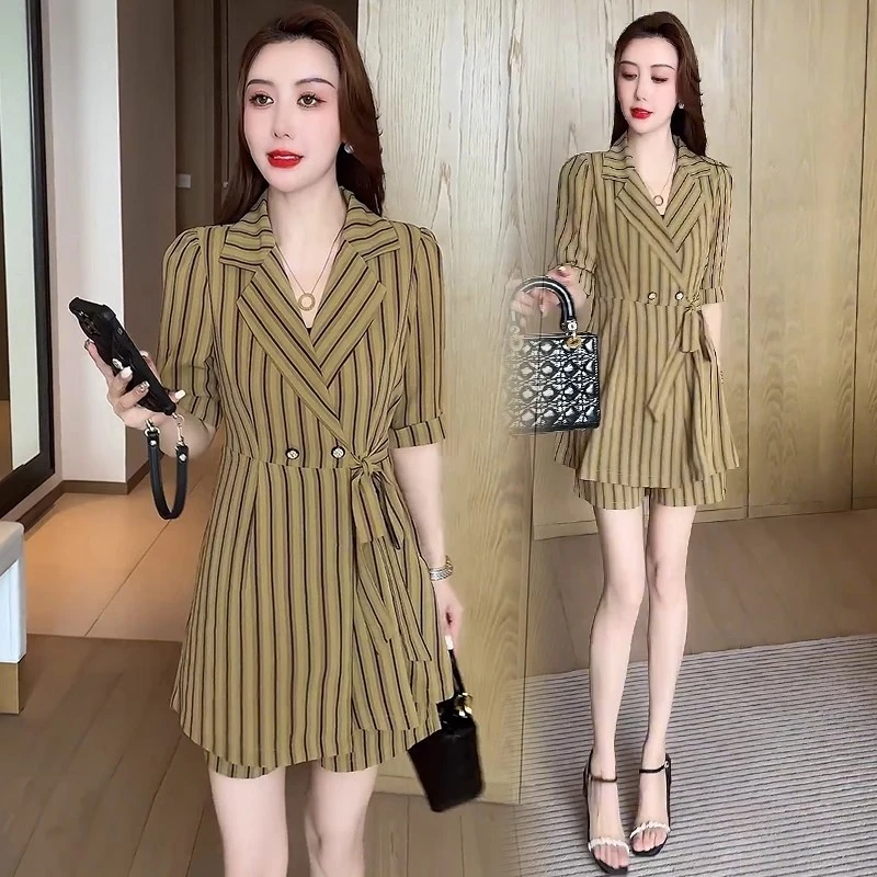 时尚休闲套装女2025夏季新款洋气质显瘦雪纺条纹短袖短裤两件套潮