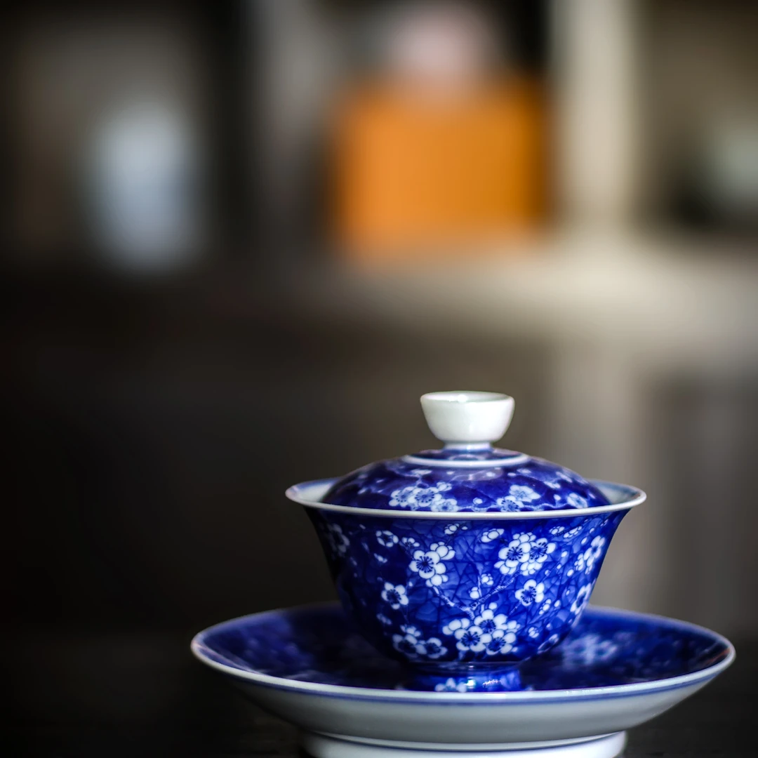 冰梅手绘盖碗套组复古