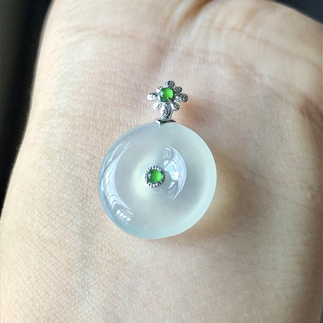 缅甸天然A货翡翠18k金镶嵌老坑冰种平安扣吊坠23/17/5