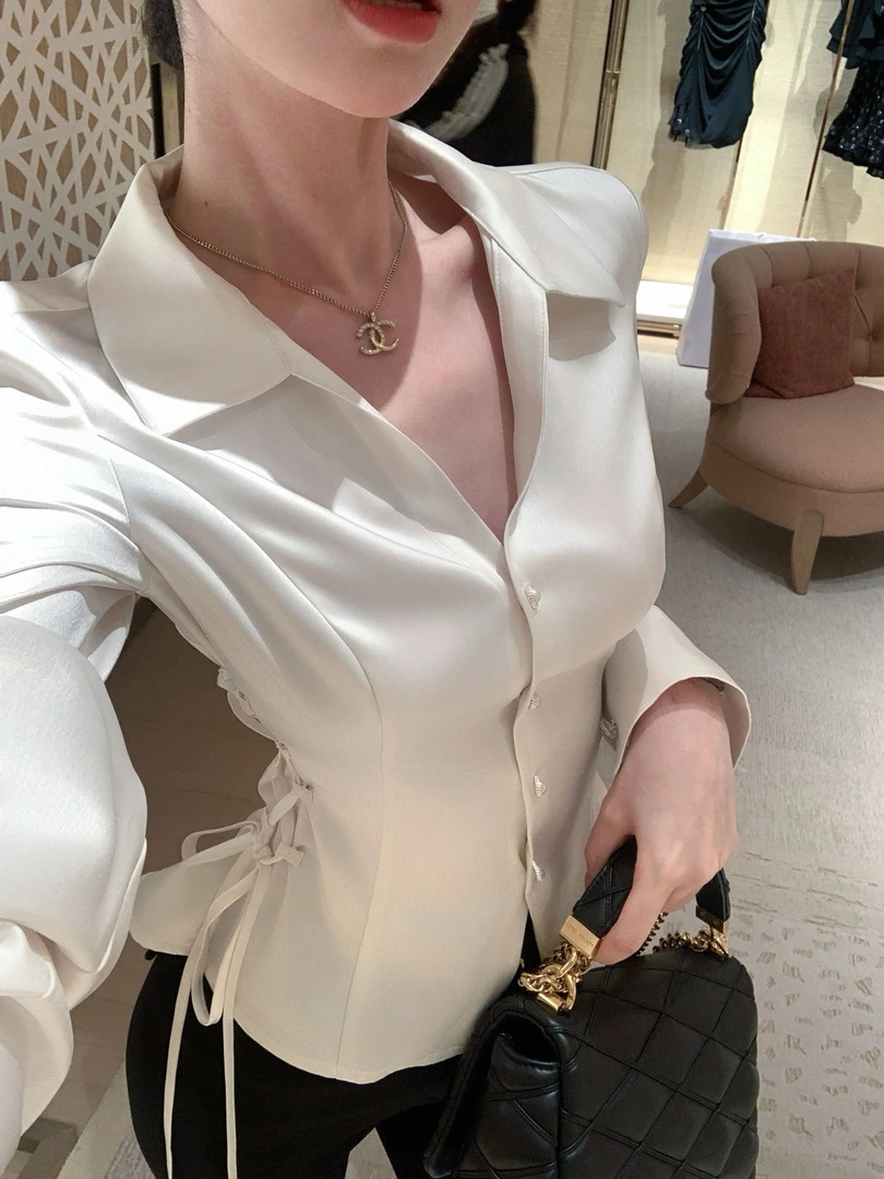 【雅乔定制】诺曼精英 抽绳收腰高级亚光缎面长袖衬衫DYLL-25066802