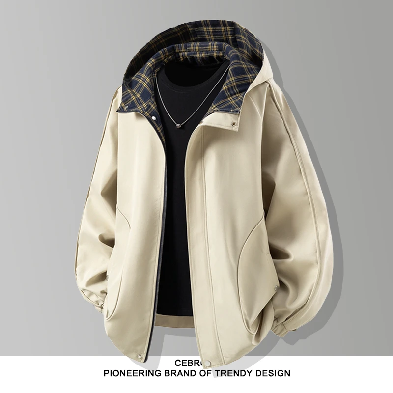 法国Cebrodz美式格子拼接工装外套男秋2025新款复古夹克连帽上衣