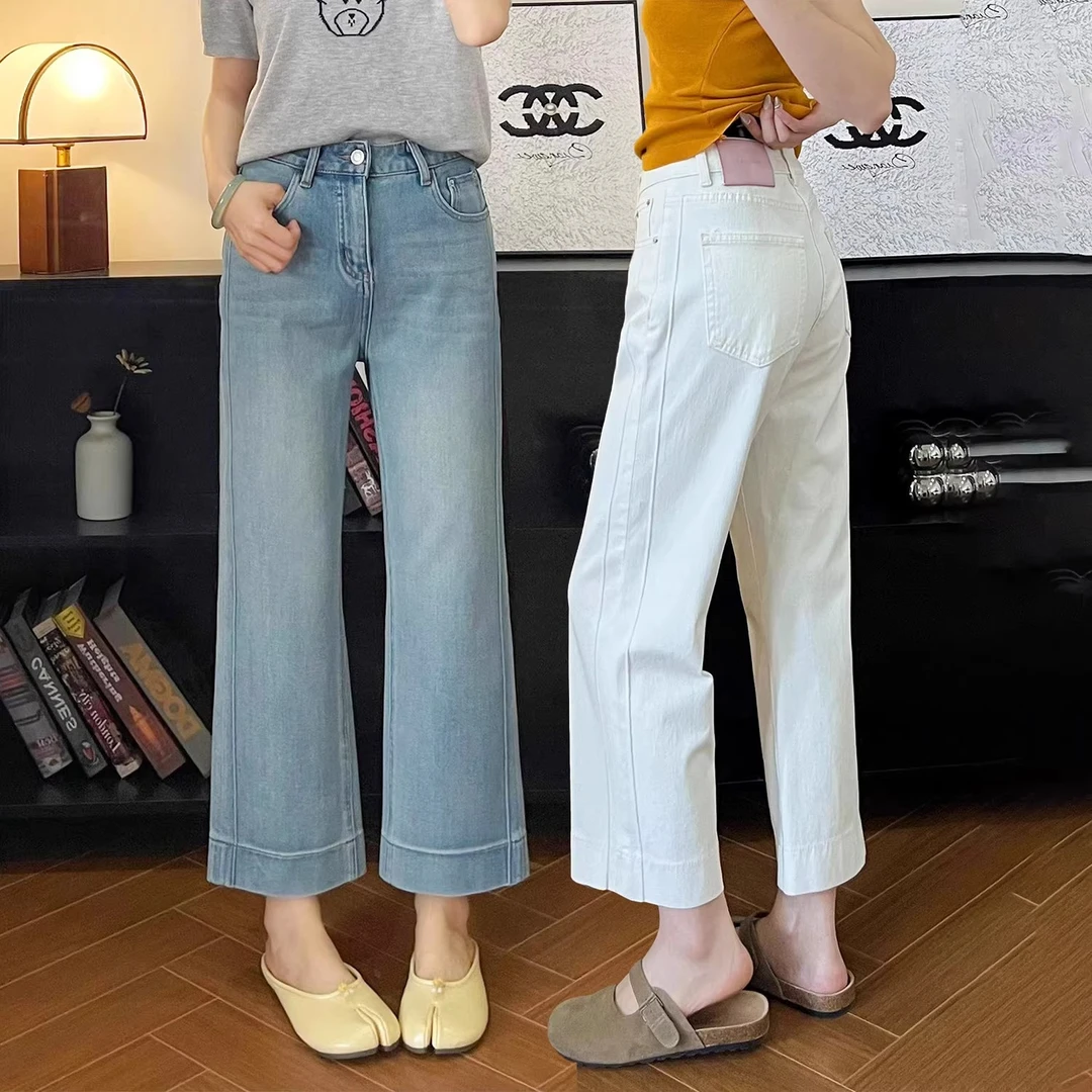 小个子浅蓝色九分直筒牛仔裤女早秋大码微胖mm腿粗显瘦窄版阔腿裤