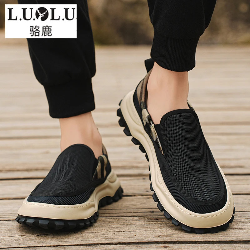 骆鹿老北京布鞋男夏季新款透气一脚蹬男士运动休闲豆豆黑色帆布鞋