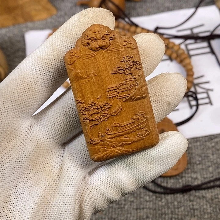 檀香木手串/手链老山檀香黑肉雕刻山水牌吊坠