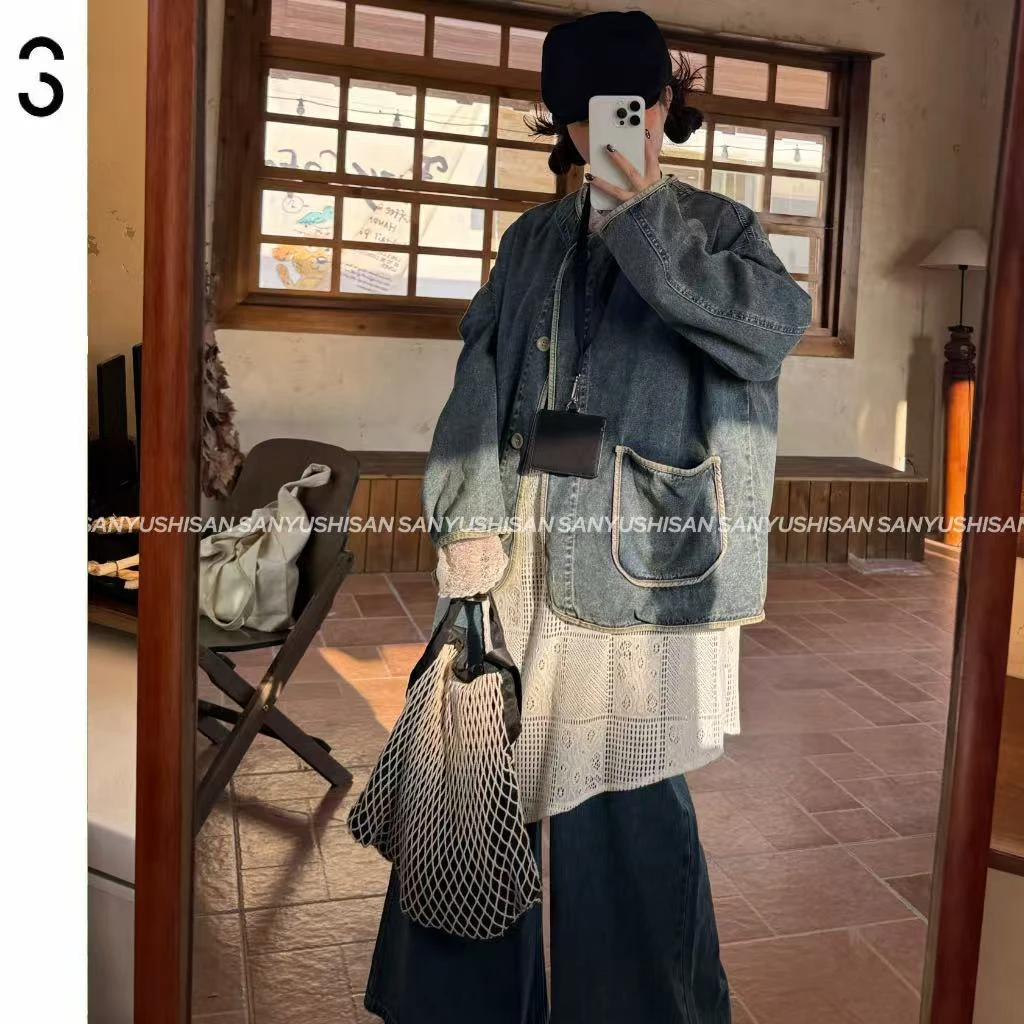 三与十三|千禧年|春季复古宽松百搭单排扣侧边大口袋牛仔外套syss