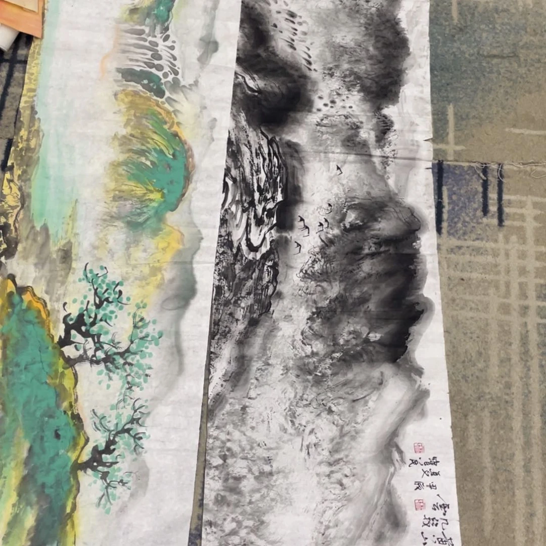 国画陈*四尺对开作品山水111111