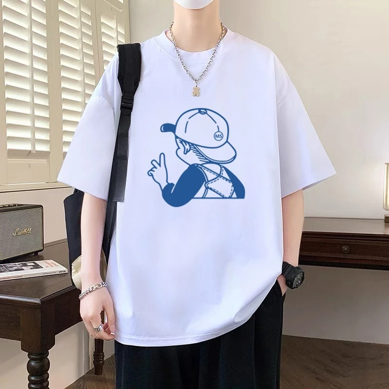 微胖男生100%纯棉短袖t恤美式潮牌情侣装夏装宽松大码港风半截袖