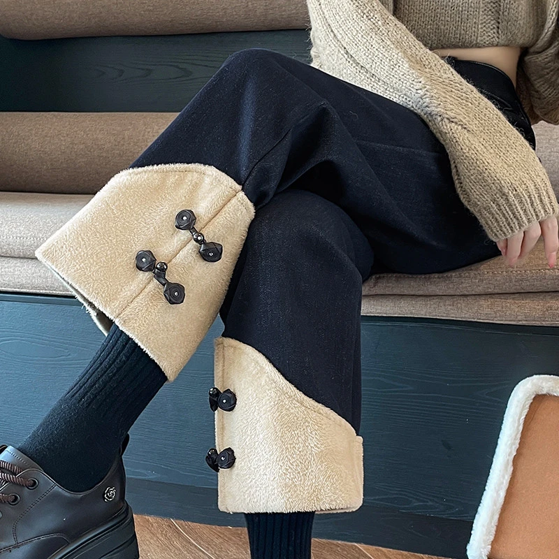 九分加绒牛仔直筒裤女冬季高腰今年流行国风小个子窄版阔腿烟管裤