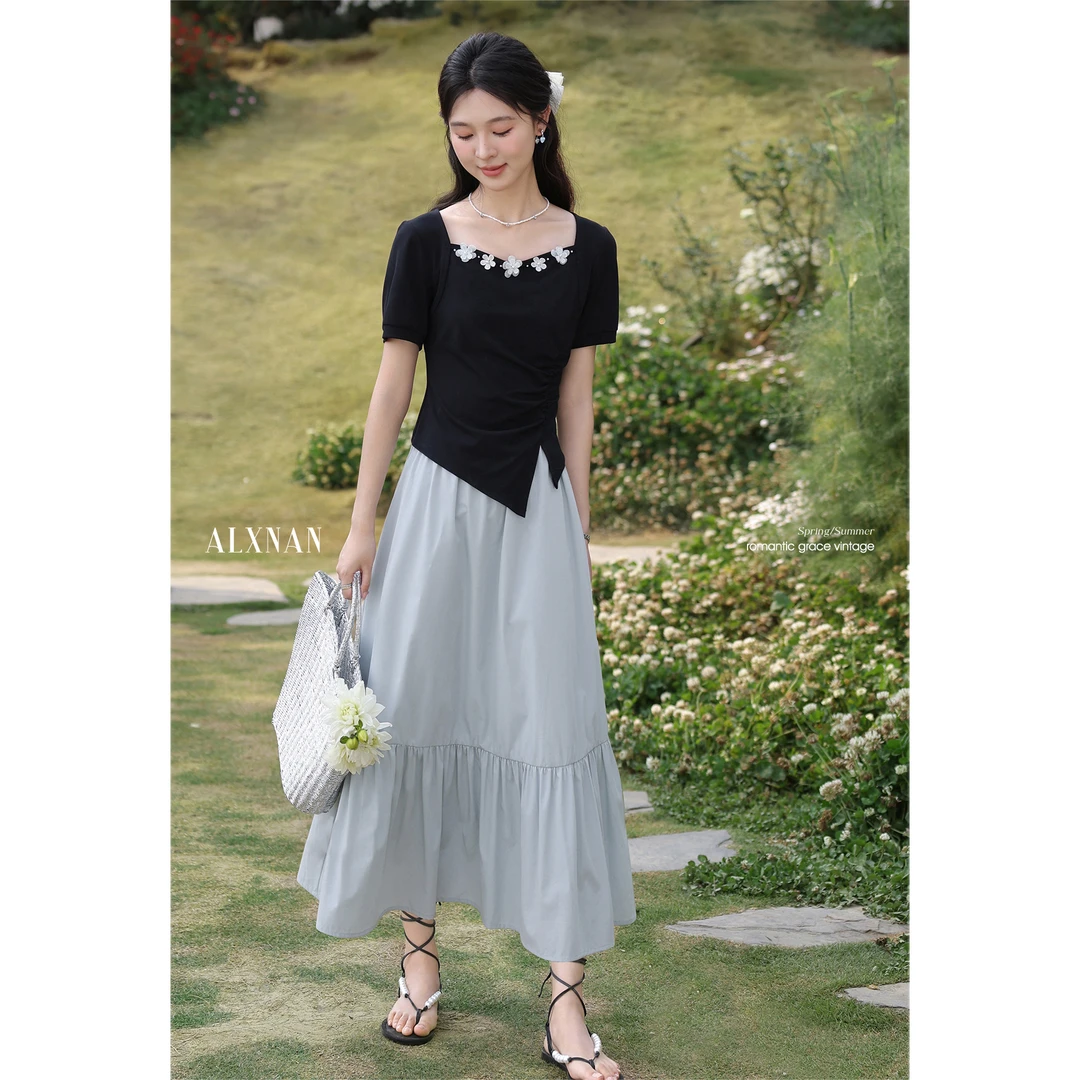 鹿向南「粉丝福利」雾蓝色法式A字休闲通勤显瘦半身裙L55217BSQ