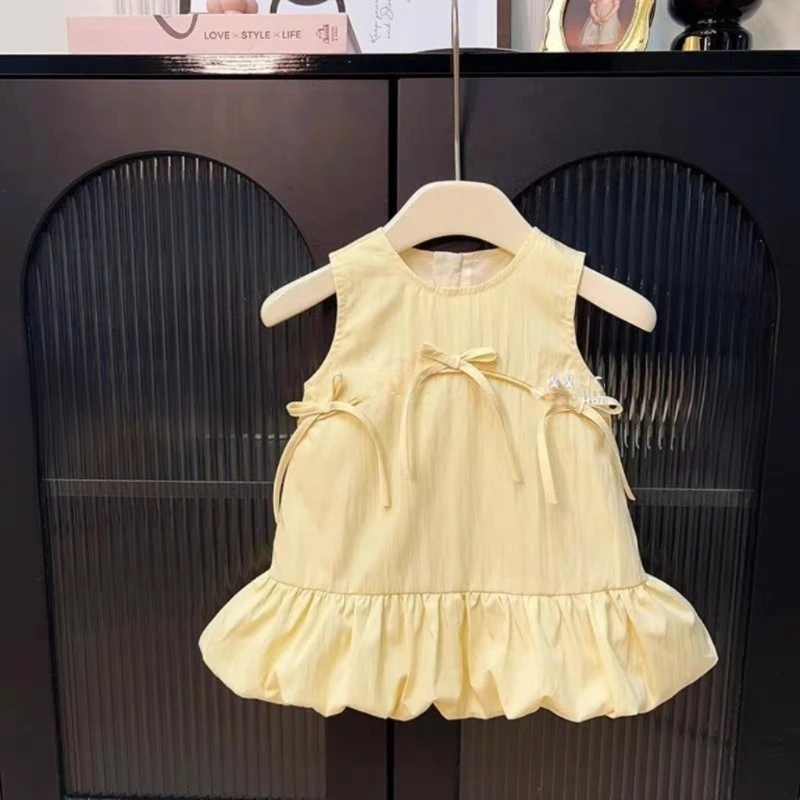 女童泡泡裙韩国小礼服裙子夏季新品无袖鱼尾蝴蝶结背心裙连衣裙