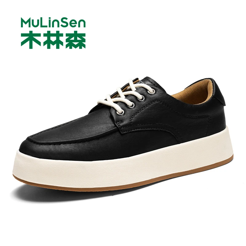 木林森男鞋春秋新款复古软面休闲板鞋潮流百搭厚底英伦皮鞋男053