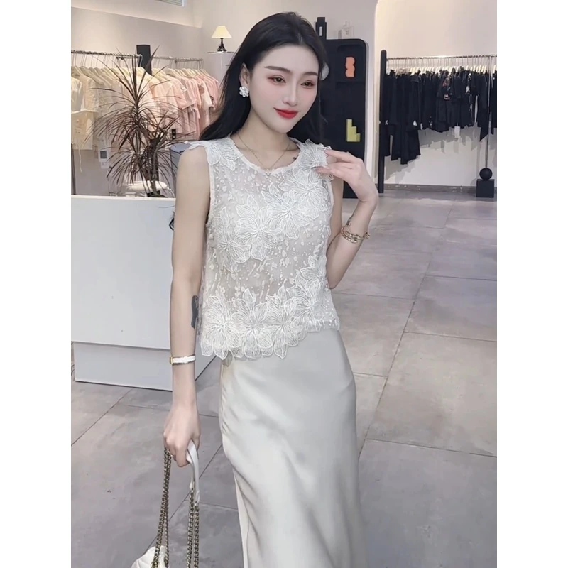 气质优雅女神范两件套夏季立体刺绣蕾丝拼接上衣鱼尾半身长裙套装