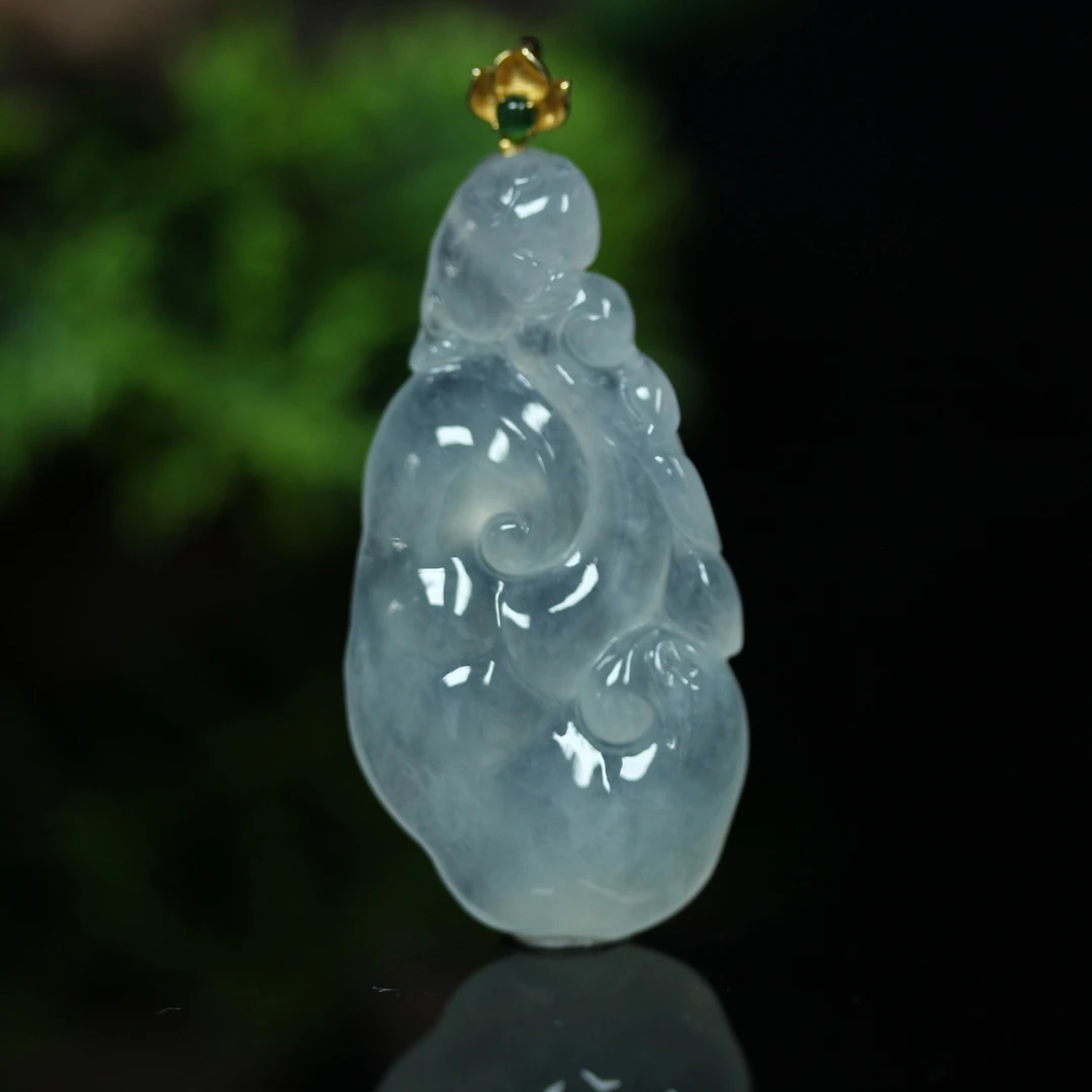 10天然缅甸翡翠A货18K金镶白冰如意顺心如意吊坠/01018994/拍卖