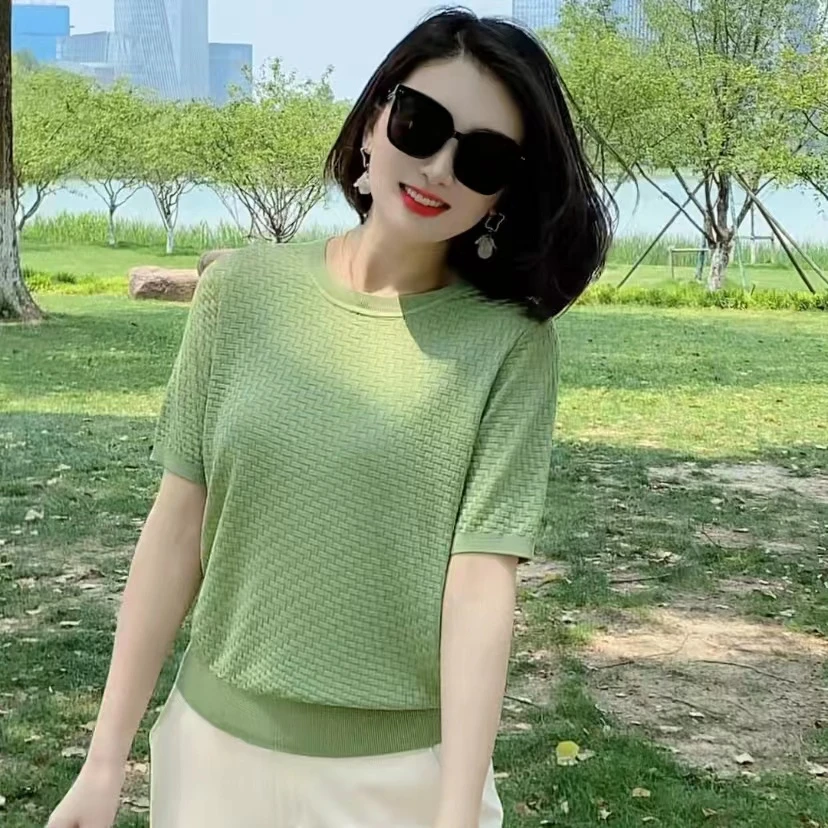 夏季100%莱赛尔圆领竹席纹休闲短袖T恤气质透气宽松显瘦女士