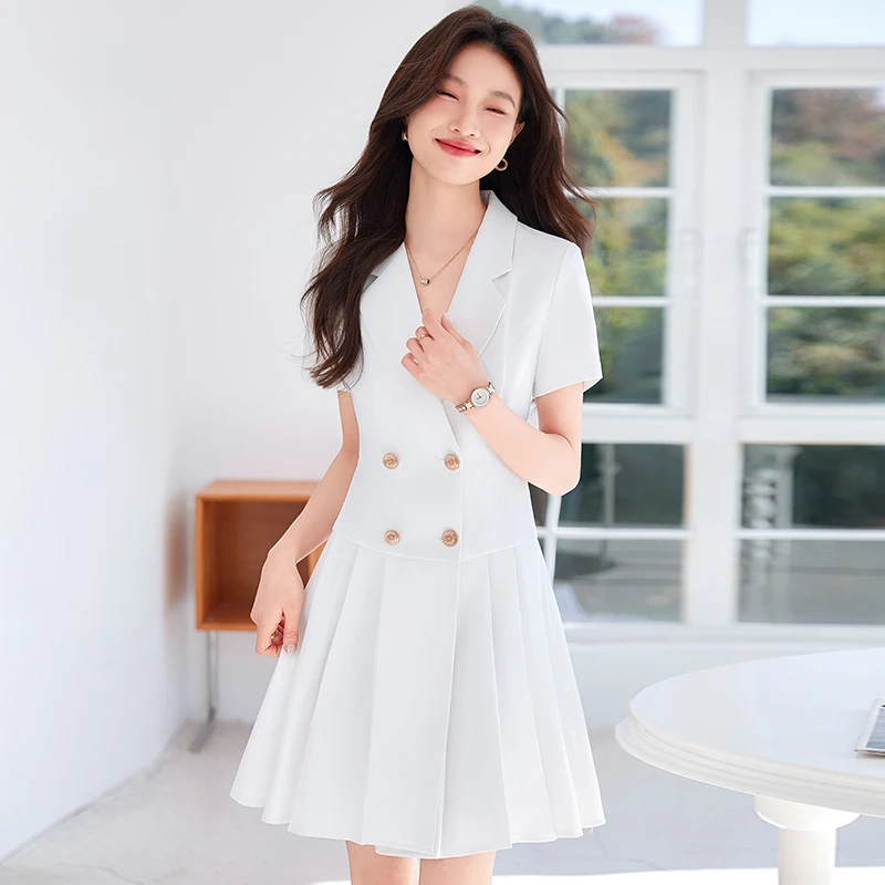 拉夏贝尔短袖西装连衣裙女2025夏季高级感修身裙子通勤职业中长裙