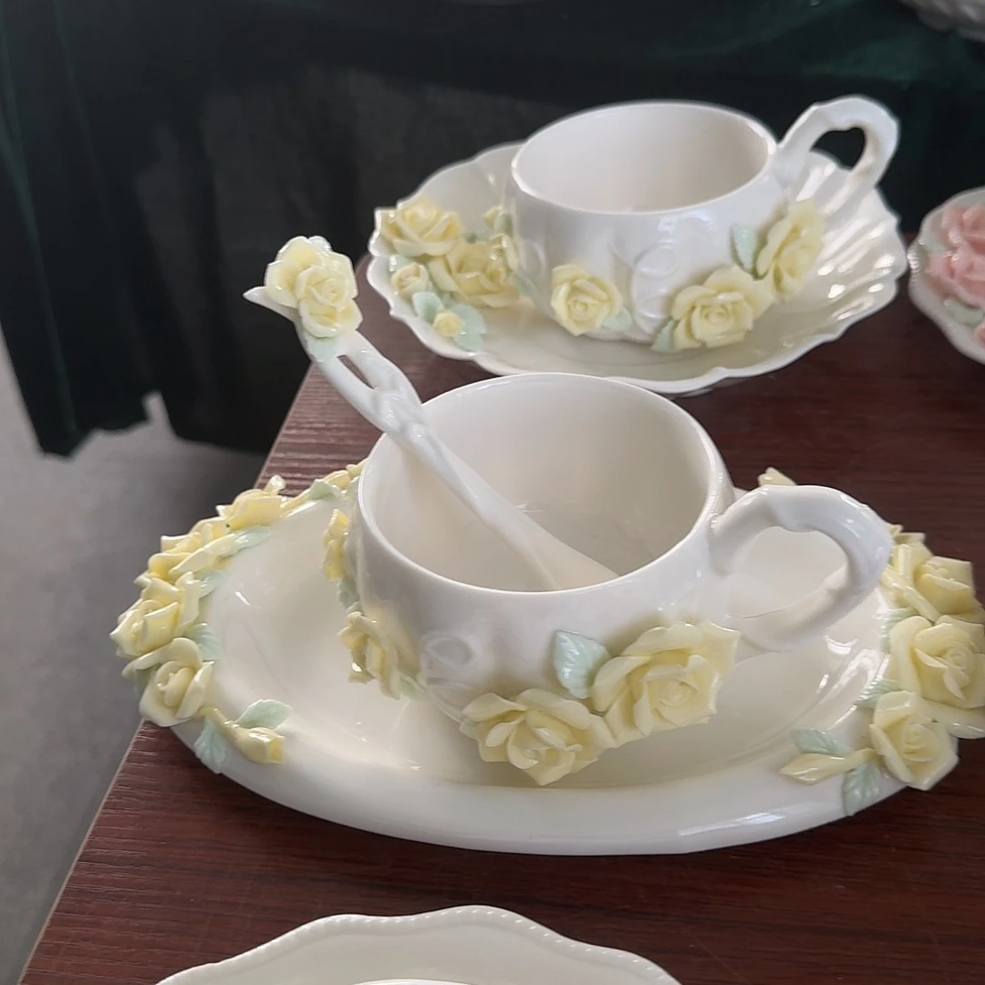 手工捏花玫瑰花咖啡杯碟加勺子