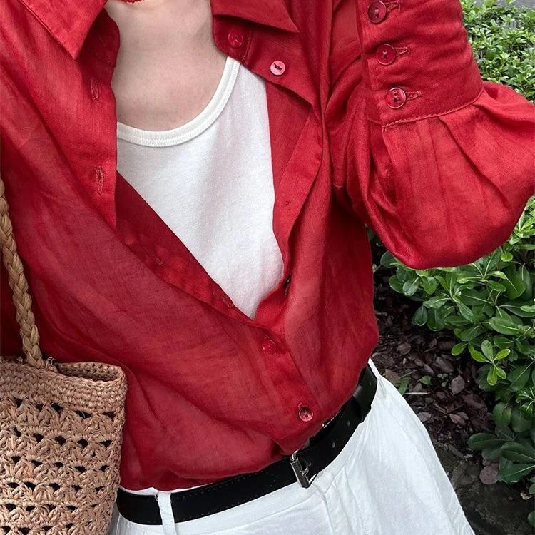 红色POLO领防晒衬衫女长袖春夏薄款高级设计感衬衣小众叠穿上衣潮