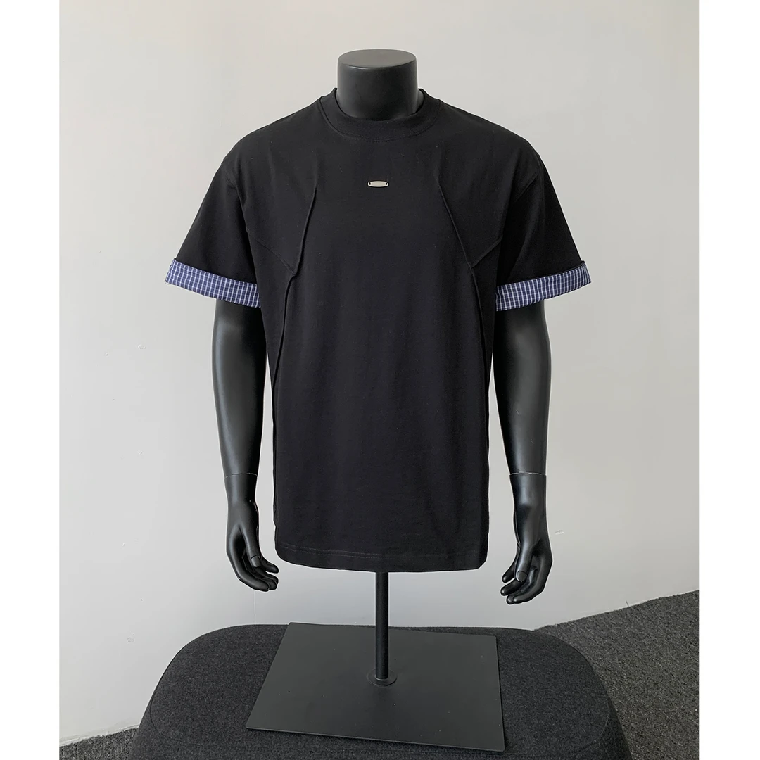 2025新款春夏格子翻边设计短袖t恤男文艺休闲美式假两件上衣半袖t