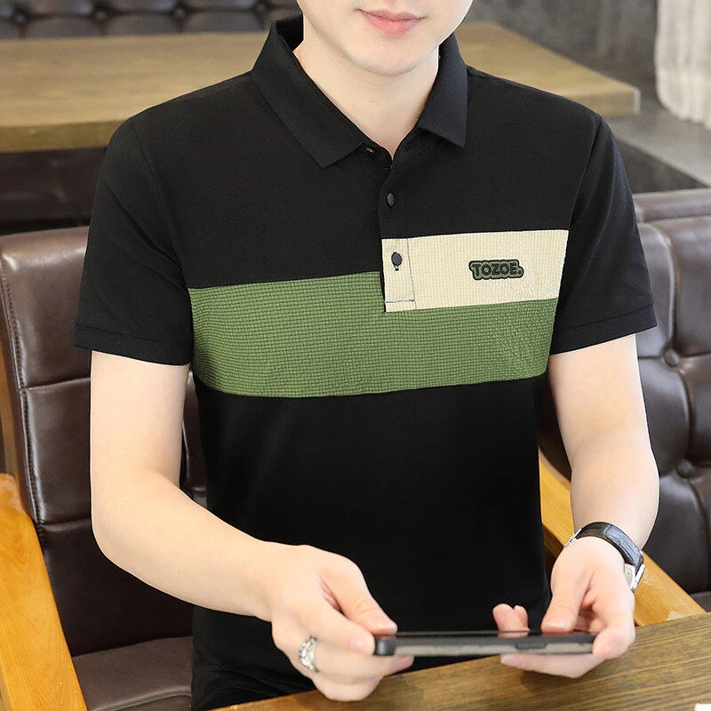 2025夏季男士潮流提花拼接POLO衫翻领短袖棉质商务休闲T恤9312