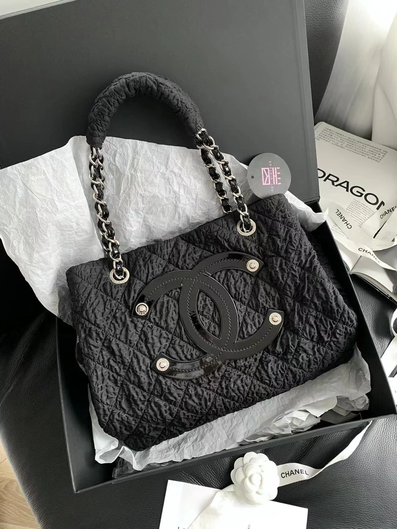 95新 Chanel/香奈儿 黑银褶皱托特包 13开 35cm 13574533
