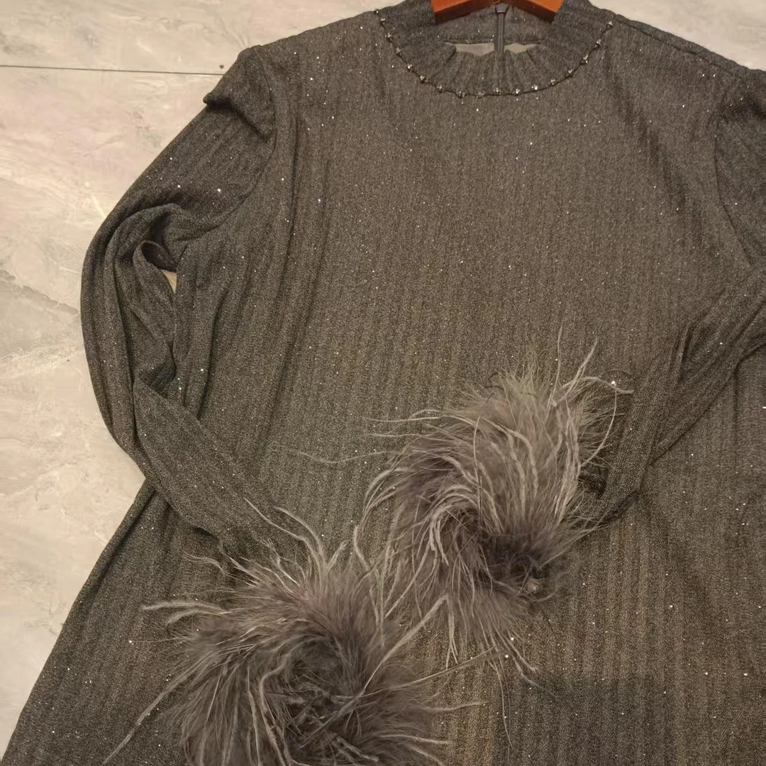 GD*早秋针织立领重工钉珠专柜正品25CS3008袖口鸵鸟毛后开拉链