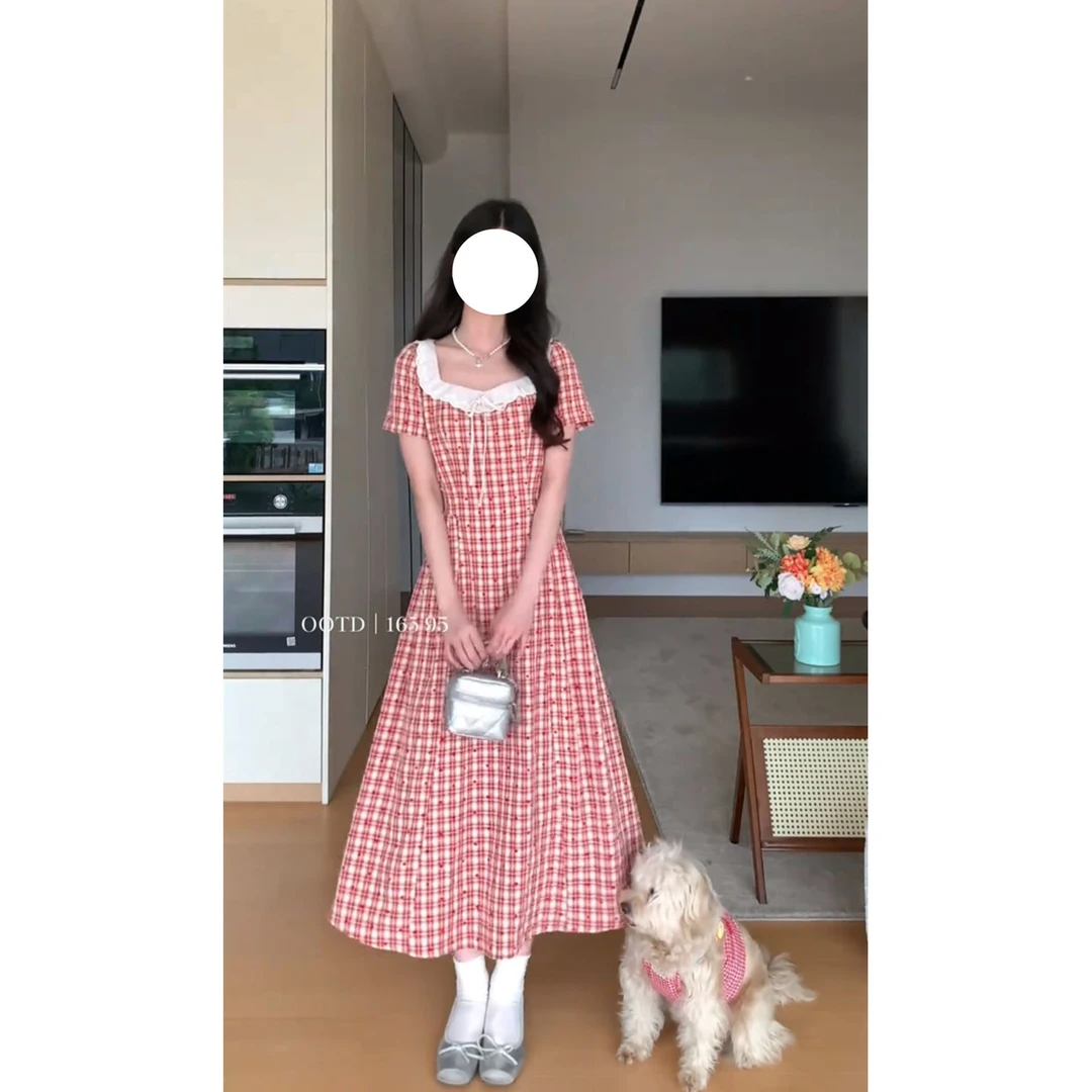 大码法式甜美格子连衣裙子女夏季新款胖mm遮肚子显瘦收腰A字长裙