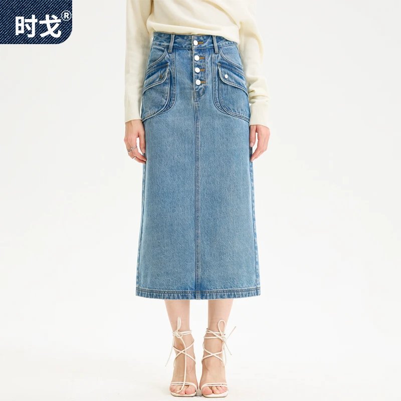 时戈牛仔裙女2025新款秋冬工装风复古半身裙中长款直筒显瘦A字裙