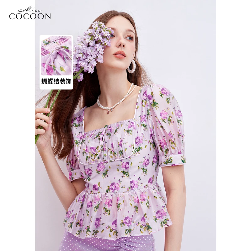 missCOCOON夏装法式抽皱工艺温柔雪纺衫女0281