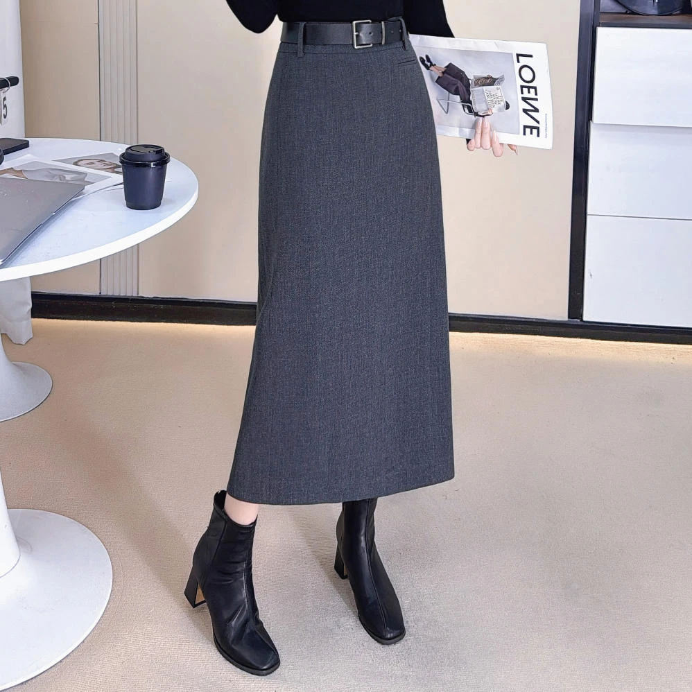 2025秋季新款女优雅气质高腰修身中长款呢料A字裙开叉半身裙-2558