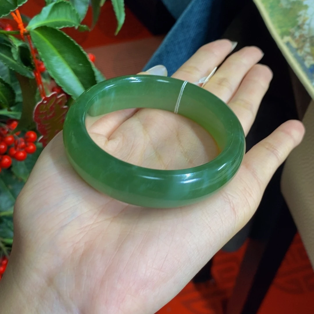 和田玉手镯未镶嵌三**麻碧玉大绿猫55-56