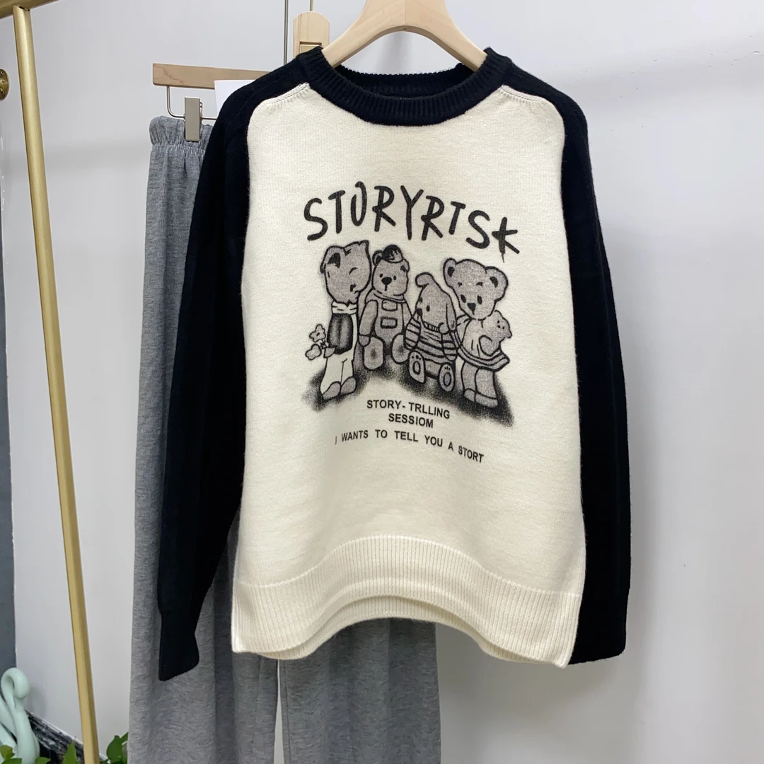 T5028喷绘字母卡通撞色宽松套头针织衫毛衣加厚