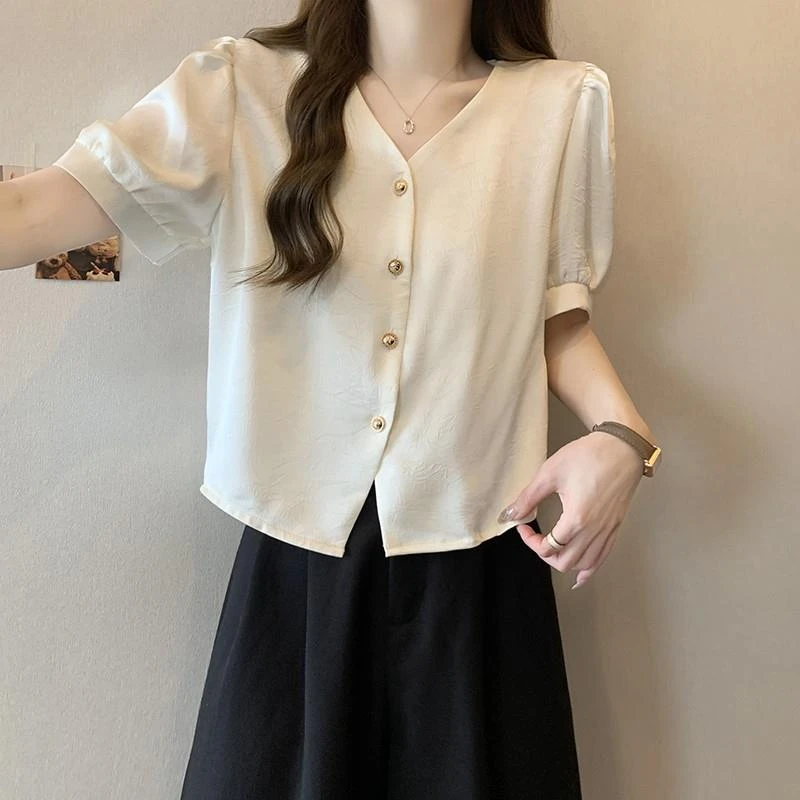 法式醋酸小香风短袖衬衫女夏季大码胖妹妹宽松遮肚减龄气质雪纺上