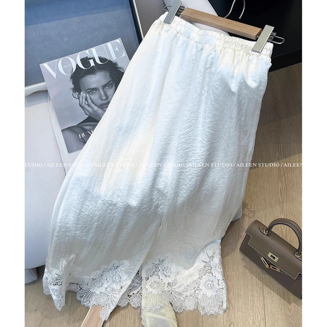 醋酸半身裙女蕾丝拼接裙子2025春夏新款洋气中长裙一步裙a字裙潮