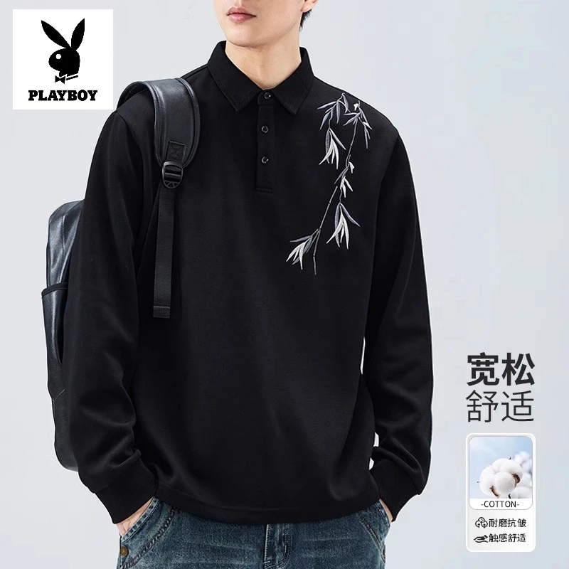花花公子新中式国风POLO领卫衣男士秋季男翻领潮牌刺绣长袖T恤男