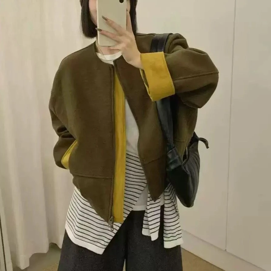 W75小香风呢子外套女秋季新款宽松显瘦百搭圆领拼接袖时尚外套
