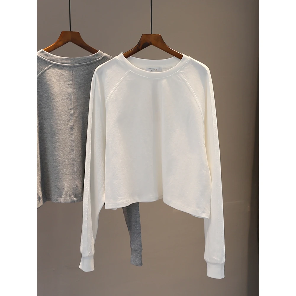 胖妹妹大码韩系早秋穿搭独特拼接短款长袖T恤女宽松显瘦遮肉上衣