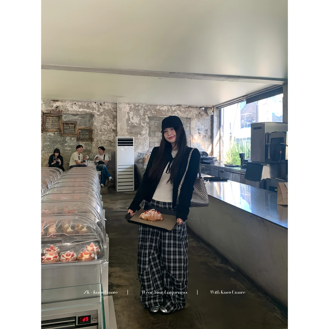 知葵微胖定制【松弛玩家】韩系垂感慵懒黑白格子休闲裤12253XXK8808