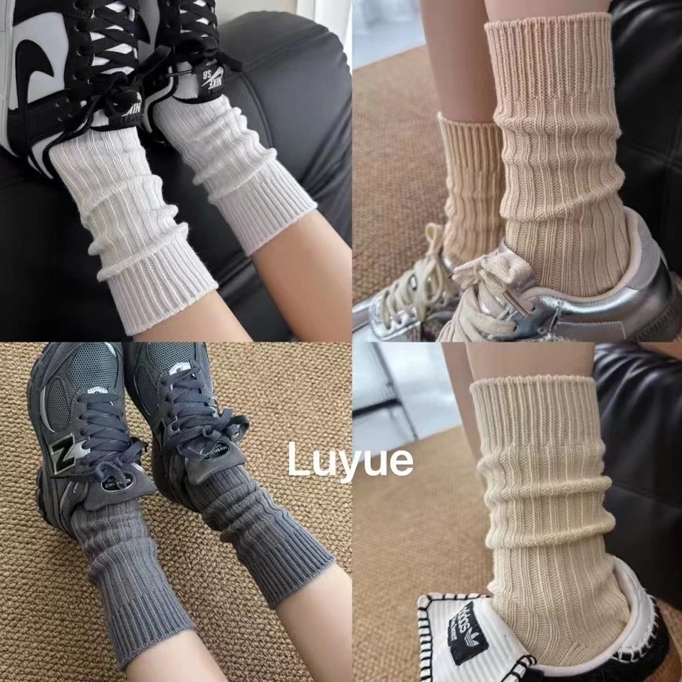欧货纯色粗线针织堆堆勃肯鞋袜子女秋冬季美拉德百搭中长筒袜