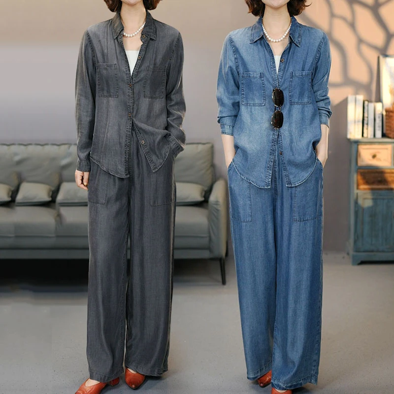 542-365蓝/黑套装2025夏季新款莱赛尔长袖衬衫上衣直筒阔腿长裤