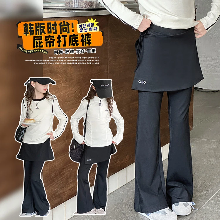 春秋百搭韩系洋气休闲外穿显瘦阔腿长裤2025热款女童夏季黑色字