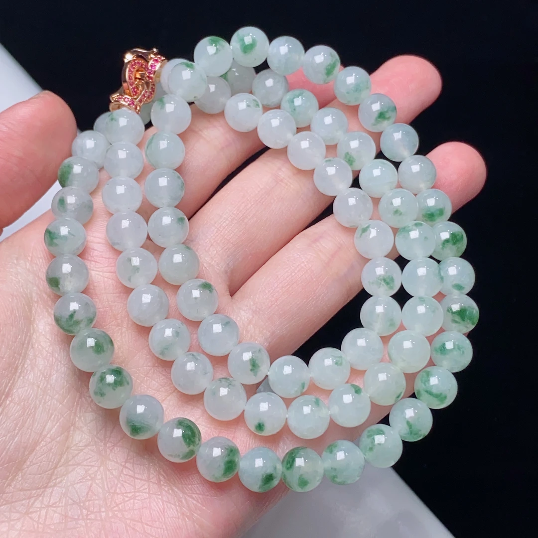 缅甸天然翡翠A货冰种飘花圆珠项链卡8mm长链冰透珠珠