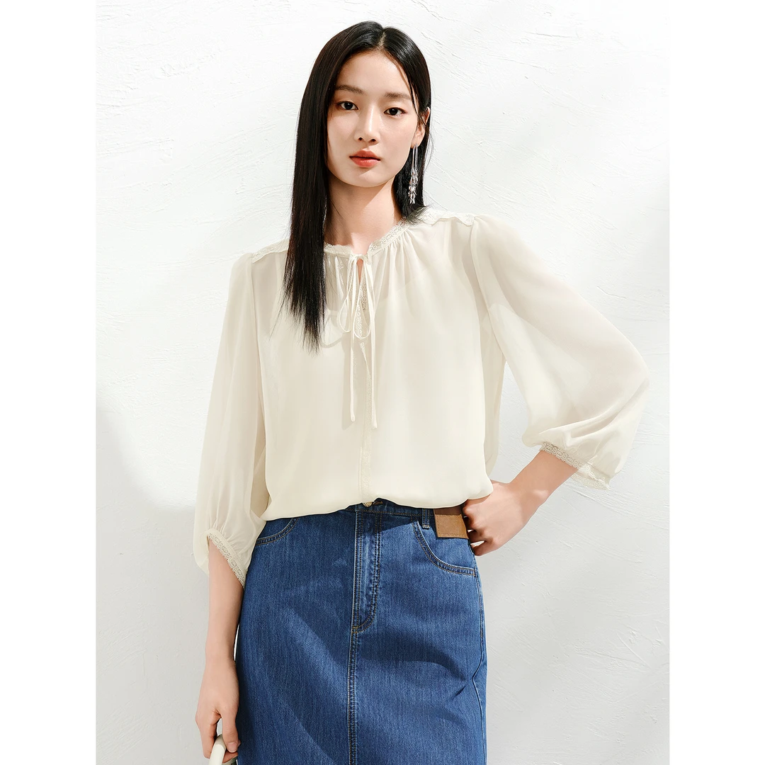 玖姿安娜蔻KWFX80202轻熟蕾丝拼接清透雪纺两件套上衣女2025夏