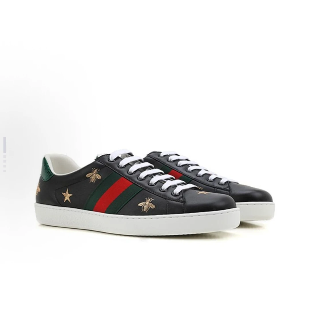 99新 GUCCI/古驰  皮面板鞋 织带蜜蜂刺绣 低帮 男款 黑色