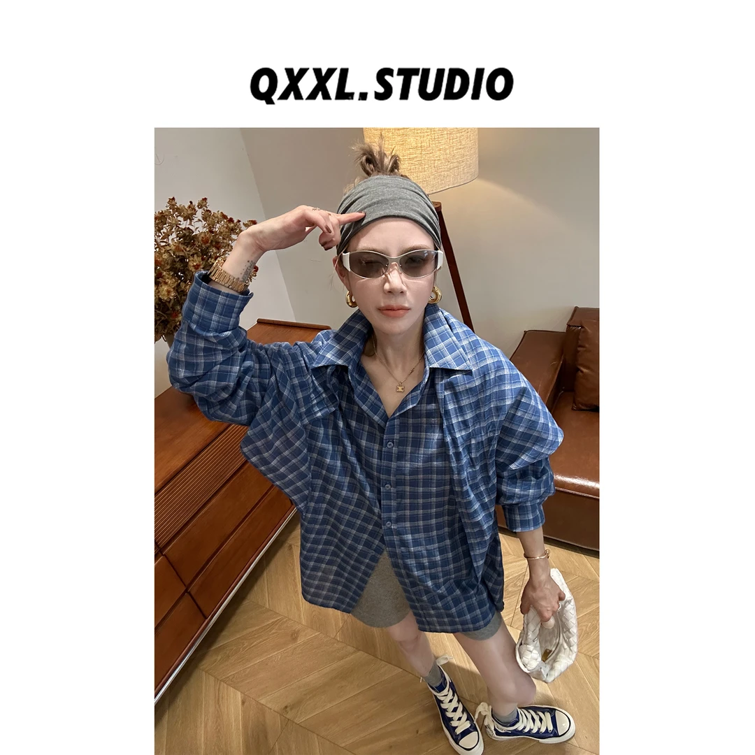 邱小小丽呀 (带屁帘)复古格子长袖翻领衬衫薄开衫宽松显瘦上衣