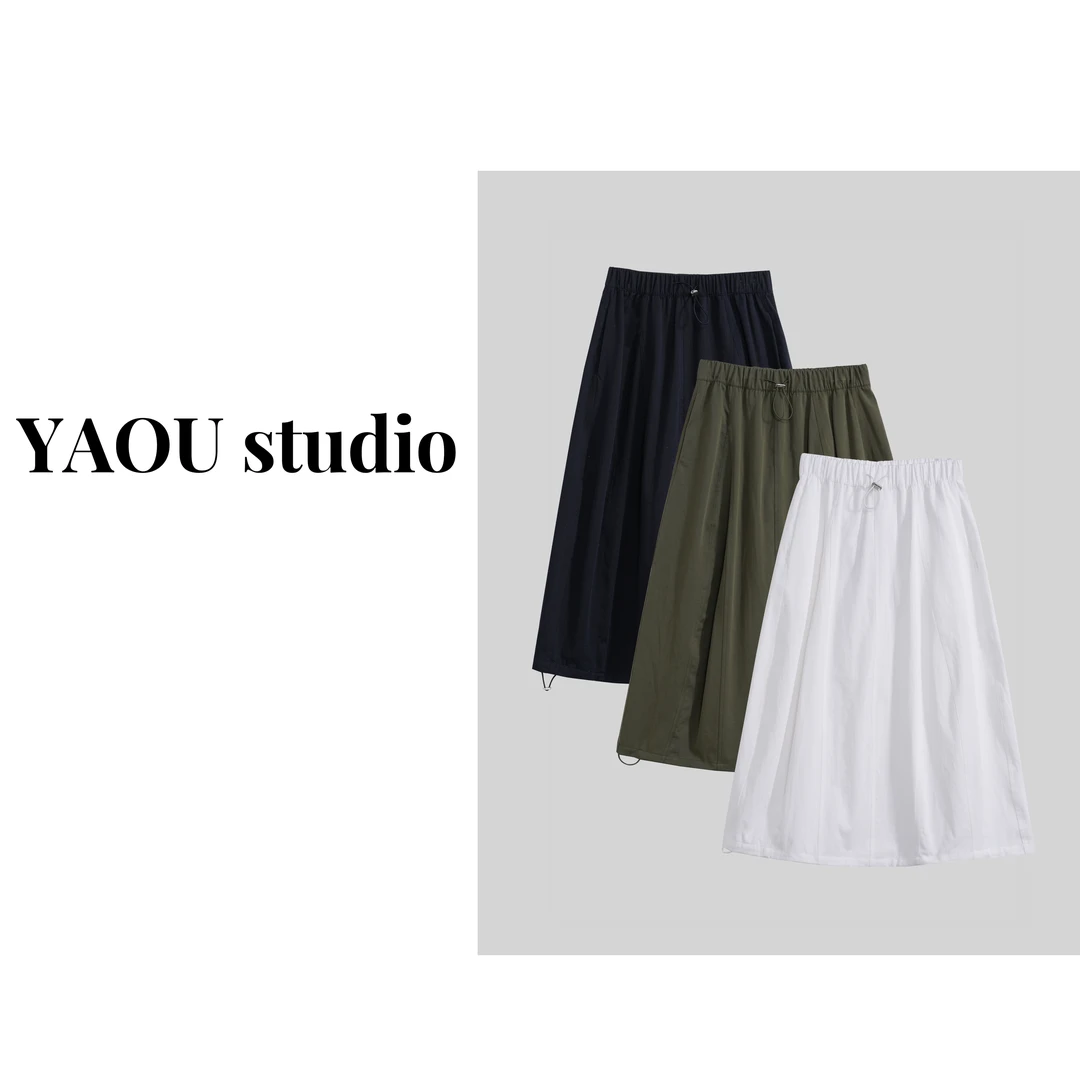 春夏款日系休闲拼接高腰不起球半身裙设计感抽绳百搭花苞裙-6692