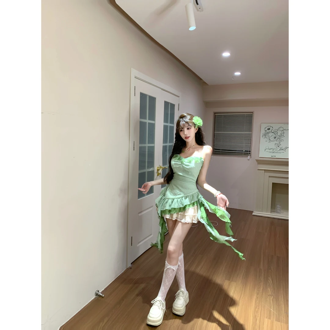 瑞茜·威瑟斯绿野仙踪 夏季纯欲修身显瘦不规则绿色上衣半裙R3410W