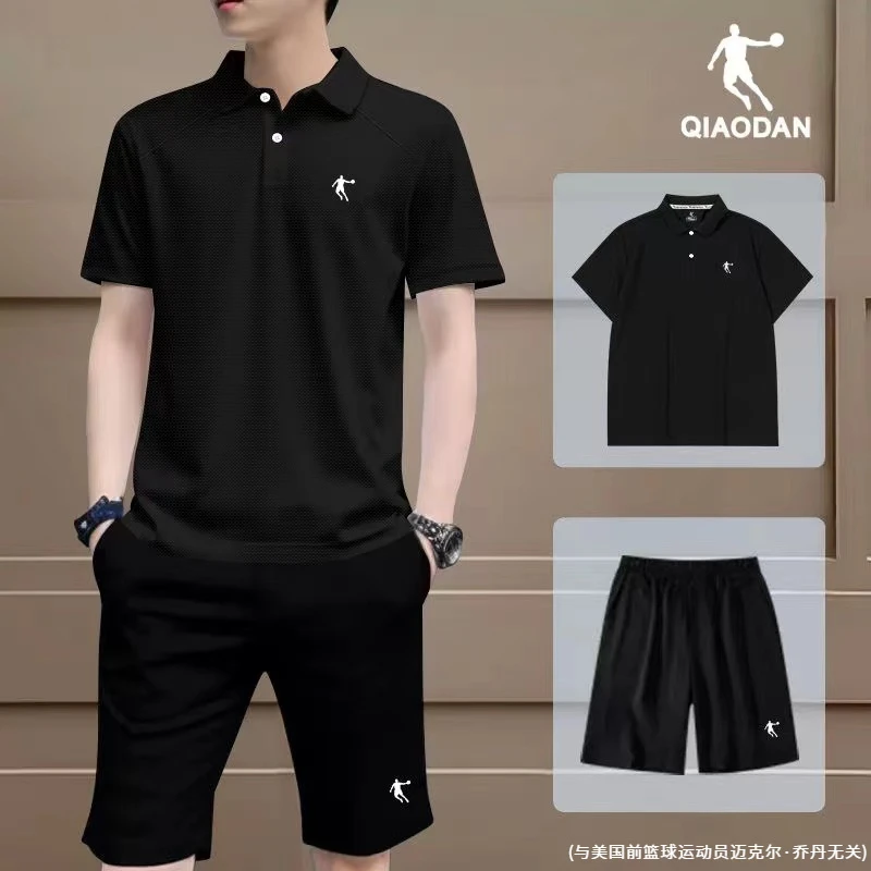 乔丹运动健身套装夏季新款正品黑色polo衫两件套男跑步夏日穿搭